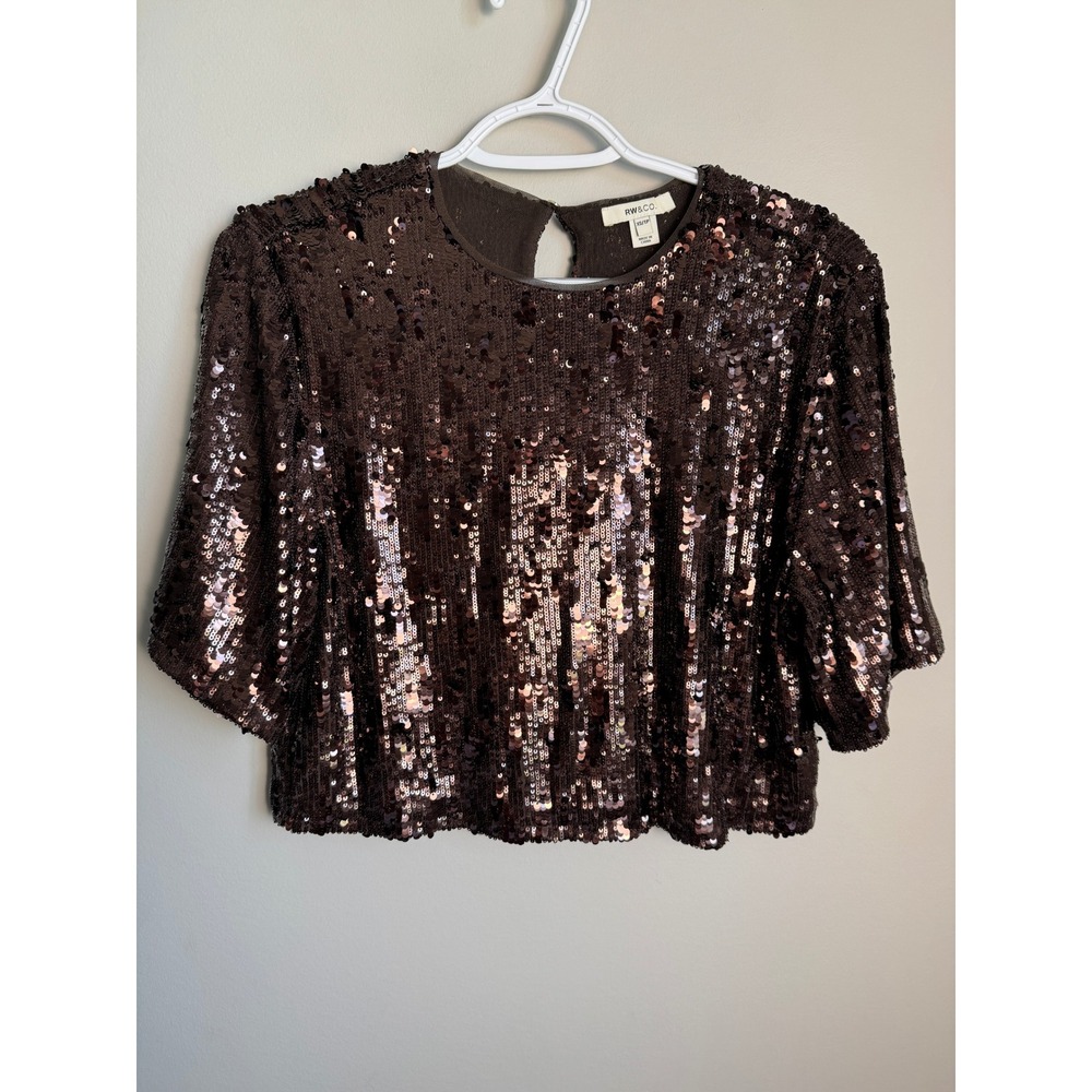 Women's Sequin Short Sleeve Crop Top XS Party Blouse Brown Glam Disco Holiday